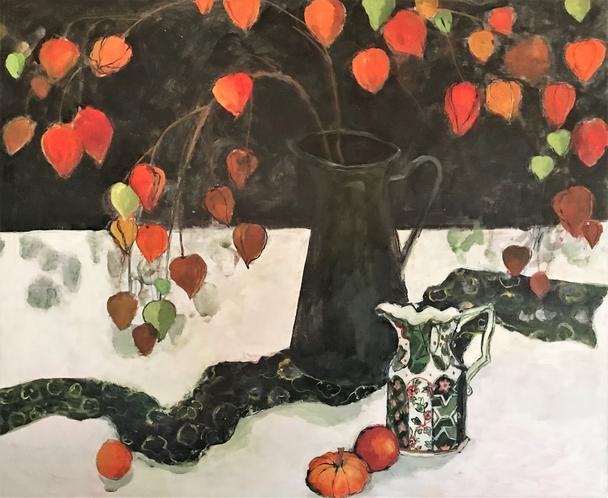 Chinese Lanterns in a Black Jug 