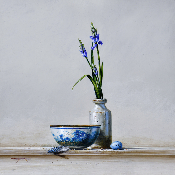 BRYAN HANLON - bluebells & thrush egg with chinese bowl & jay feather