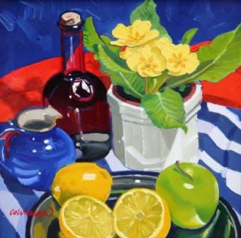 Antique Bottle, Primula and Fruit Study