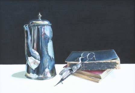 JANE CRUICKSHANK - coffee pot, old books and candle snuffers