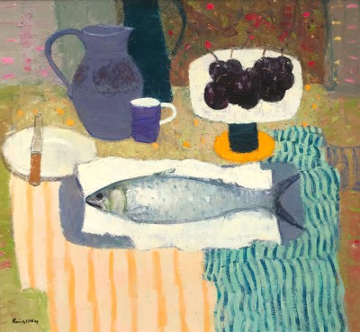 JOHN KINGSLEY - still life with fish and striped cloth
