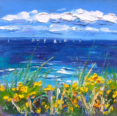 JUDITH BRIDGLAND - yellow flowers and distant yachts, north berwick