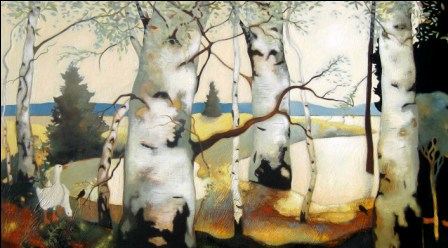 LESLEY MCLAREN - geese in birch wood