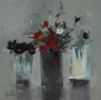 MARY DAVIDSON - anemones with black pansies
