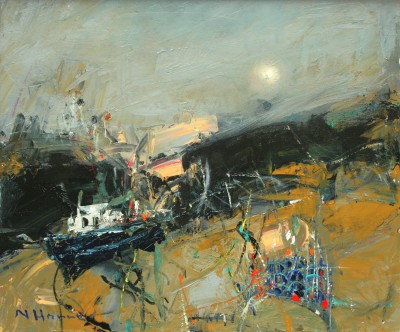 Foggy Moon with Fishing Boat