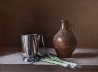 Silver Cup, Brown Jug with Spring Onions