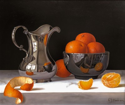 ROY HODRIEN - mandarins, black bowl and silver jug