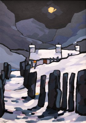 STEPHEN JOHN OWEN - winter cottage with slate fence - bwthyn a cromlech lechi