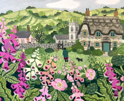 British Artist Vanessa Bowman - Cottage, Foxgloves and Dog Roses